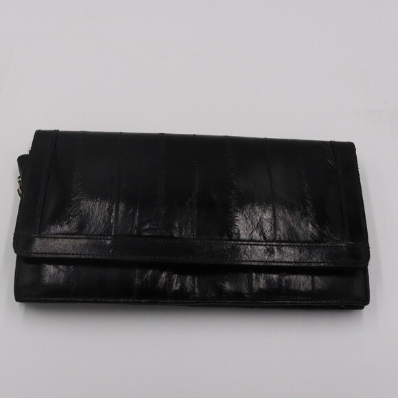 Vintage Eel Skin Black Leather Clutch Purse Handbag Beautiful Retro 1950s Bag - Picture 9 of 16